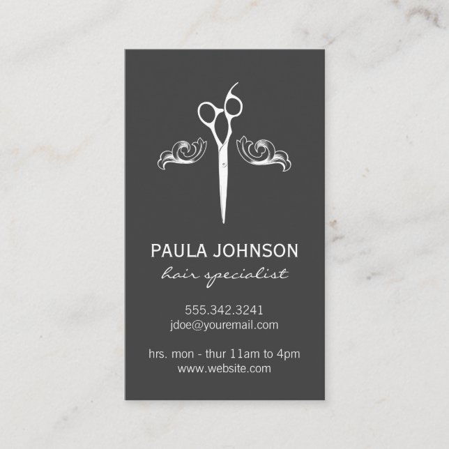 Salon Shears Fancy Elements Grey Business Card (Front)
