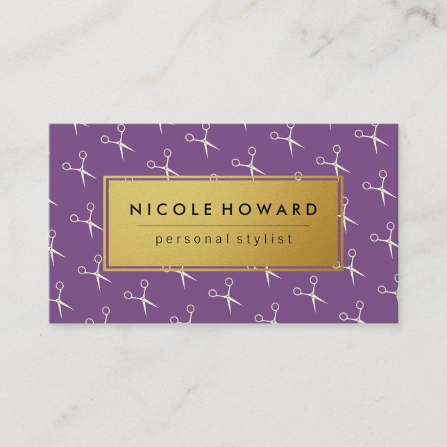 Salon Shears Pattern Purple Business Card (Front)