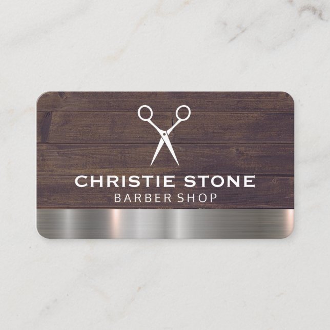 Salon Shears Rustic Wood Metal Trim Business Card (Front)
