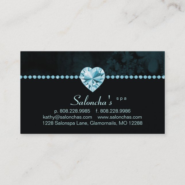 Salon Spa Business Card blue heart rhinestone (Front)