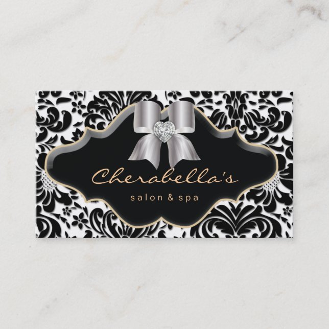 Salon Spa Business Card Gold Jewel Bow Damask (Front)