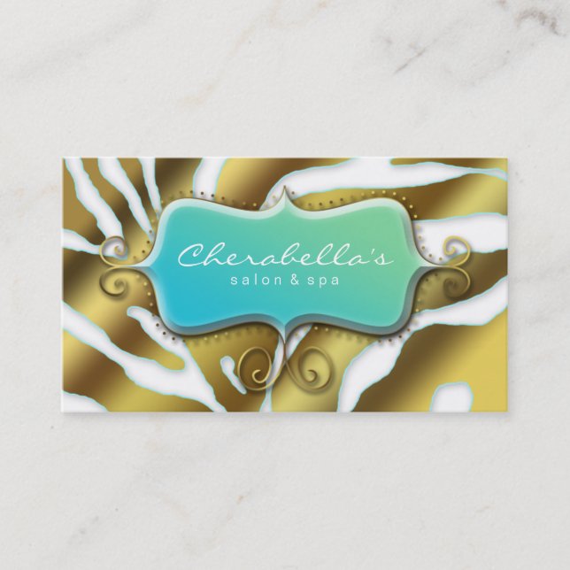 Salon Spa Business Card Retro Zebra Blue Gold (Front)