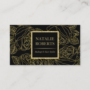 Salon & Spa Modern Black & Gold Floral Line Art Business Card