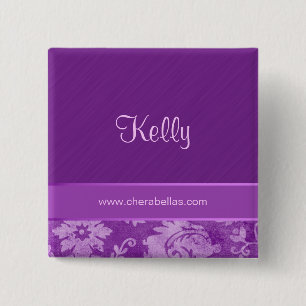 Salon Spa Name Tag Button Brooch damask purple