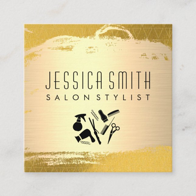 Salon Stylist Tools | Gold Brushed Gold Pattern Square Business Card (Front)