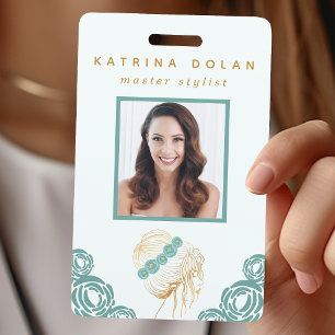 Salon Teal Gold Floral Updo Photo Hair Stylist ID Badge