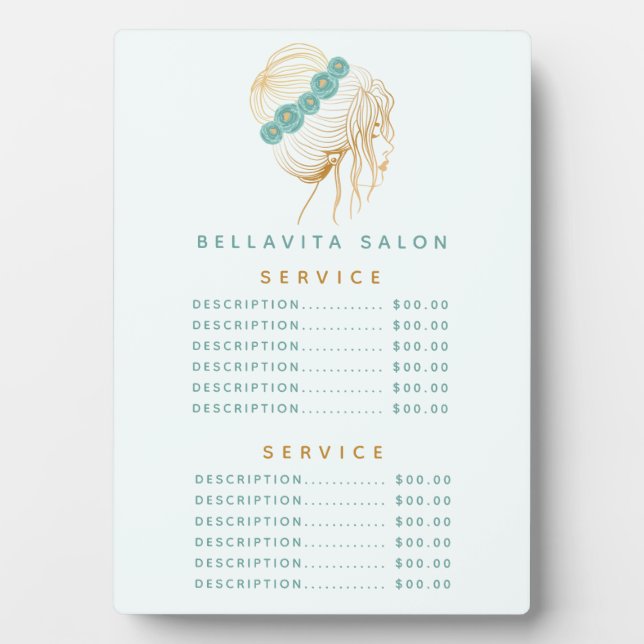 Salon Teal Gold Floral Updo Price Menu Plaque (Front)