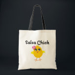 Salsa Chick Tote Bag<br><div class="desc">Salsa Chick t-shirts,  buttons and products with cute yellow chick displaying a flower on her head and her favourite pastime. Fun to wear and makes great gift.</div>