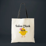 Salsa Chick Tote Bag<br><div class="desc">Salsa Chick t-shirts,  buttons and products with cute yellow chick displaying a flower on her head and her favourite pastime. Fun to wear and makes great gift.</div>