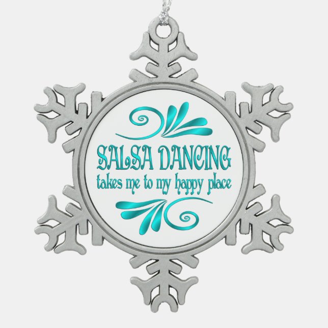 Salsa Dancing Happy Place Snowflake Pewter Christmas Ornament (Front)