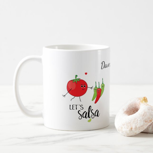 Salsa Dancing Tomato and Chillies Food Pun Graphic Coffee Mug (With Donut)