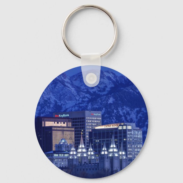 Salt Lake City Downtown Winter Skyline Key Ring (Front)