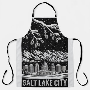 Salt Lake City Skyline Black and White Woodcut Apron