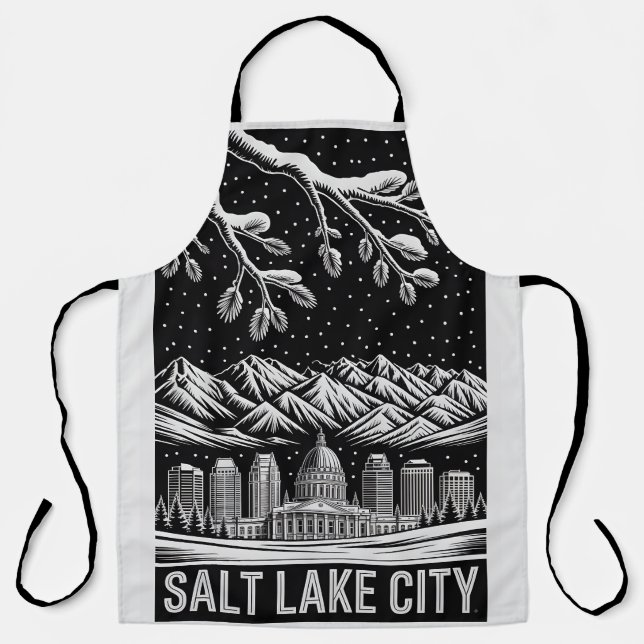 Salt Lake City Skyline Black and White Woodcut  Apron (Front)