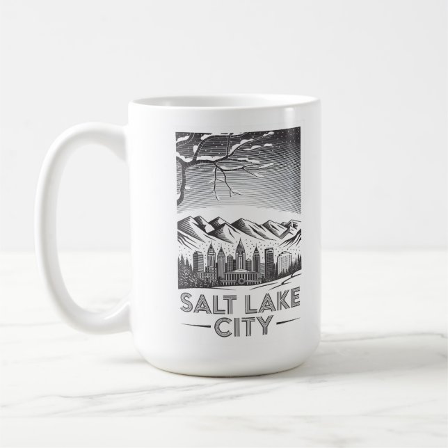 Salt Lake City Skyline Black and White Woodcut  Coffee Mug (Left)