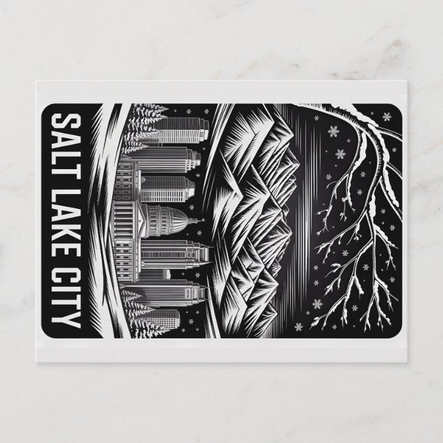 Salt Lake City Skyline Black and White Woodcut  Postcard (Front)