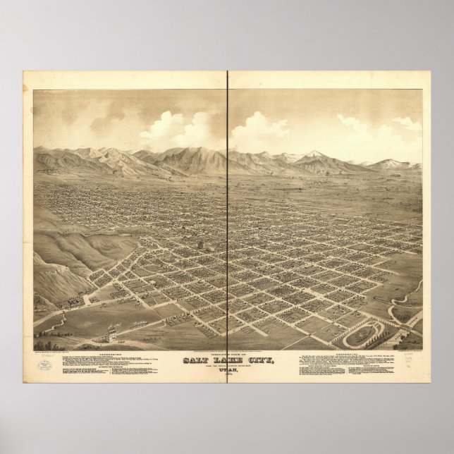Salt Lake City Utah 1875 Antique Panoramic Map Poster (Front)