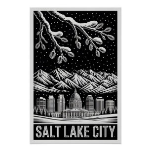 Salt Lake City Utah Skyline Black White Woodcut Poster
