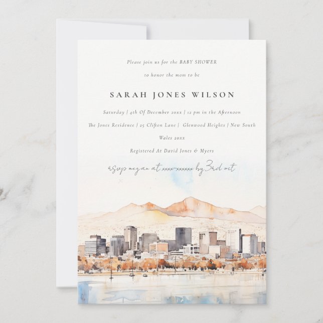 Salt Lake City Utah Watercolor Scape Baby Shower Invitation (Front)