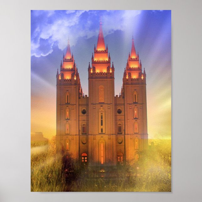 Salt Lake temple with sunbeams poster (Front)