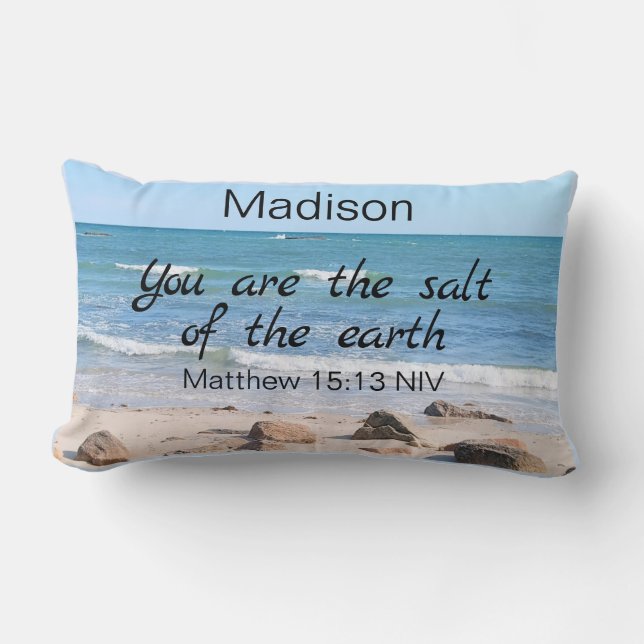 Salt of the Earth Photo of Ocean Bible Verse Lumbar Cushion (Front)
