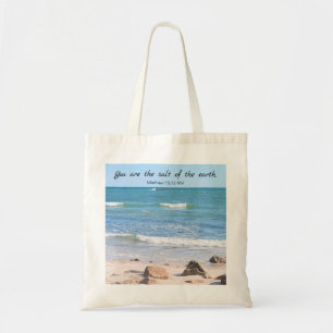 Salt of the Earth Photo of Ocean Bible Verse Tote Bag