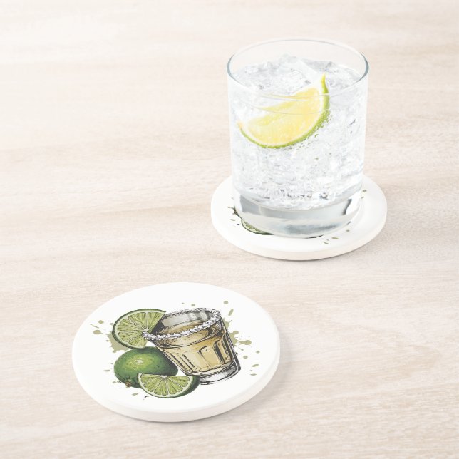 Salt Rim Tequila Shot with Lime Illustration Coaster (Side)