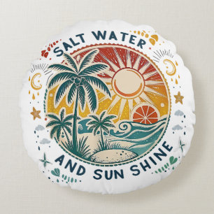Salt Water and Sun Shine Vintage Tropical Beach Round Cushion