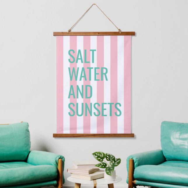 Salt Water And Sunsets Pink Cabana Stripe Hanging Tapestry (Living Room)