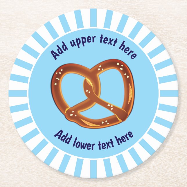Salted Pretzel Nibbles - Snacks on blue & white Round Paper Coaster (Front)