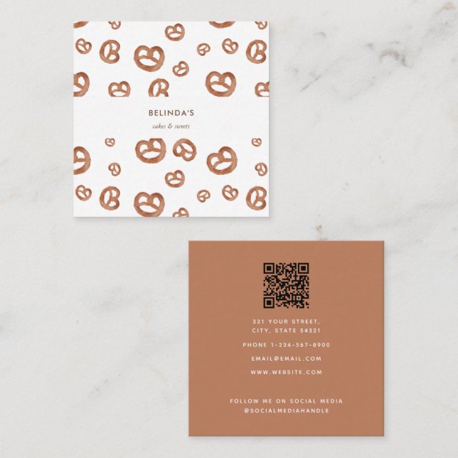 Salted Soft Watercolor Pretzel Pattern Square Business Card (Front/Back)