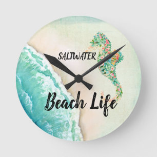 Saltwater Beach Life Seahorse Round Clock