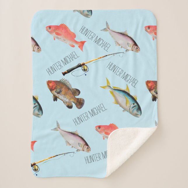 Saltwater Fish - Boy Name Blanket- Watercolor Fish Sherpa Blanket (Front)