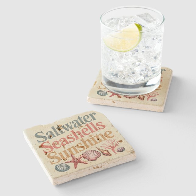 Saltwater Seashells Sunshine Summer Beach Vacation Stone Coaster (Side)