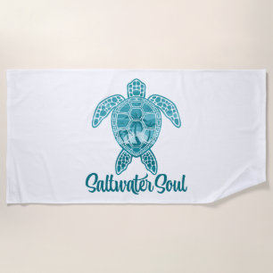 Saltwater Soul Tropical Sea Turtle with Palm Trees Beach Towel