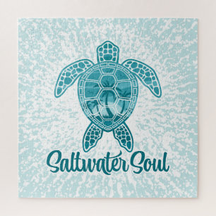 Saltwater Soul Tropical Sea Turtle with Palm Trees Jigsaw Puzzle