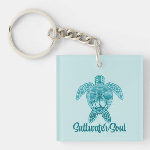 Saltwater Soul Tropical Sea Turtle with Palm Trees Key Ring