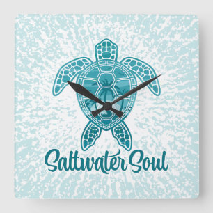 Saltwater Soul Tropical Sea Turtle with Palm Trees Square Wall Clock