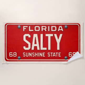 Salty 1969 | Red Retro Florida License Plate Surf Beach Towel