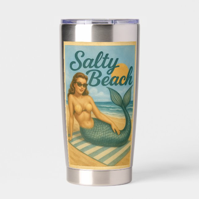 Salty Beach Pin-Up Mermaid Art Retro Coastal Life Insulated Tumbler (Front)