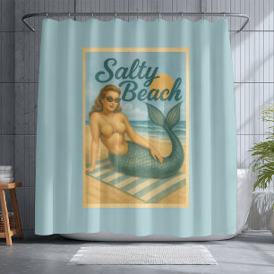 Salty Beach Pin-Up Mermaid -Retro Coastal Life Art Shower Curtain