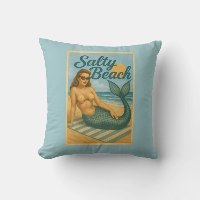 Salty Beach Retro Pin-Up Mermaid Art Coastal Decor Cushion (Front)