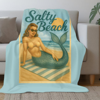 Salty Beach Retro Pin-Up Mermaid Art Funny Coastal Fleece Blanket