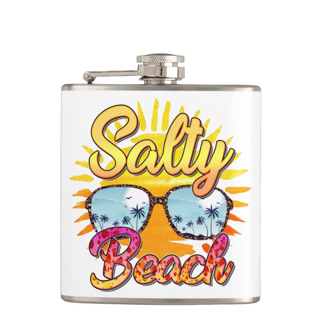Salty Beach | Tropical Sun & Palm Tree Hip Flask (Front)