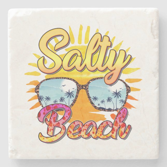 Salty Beach | Tropical Sun & Palm Tree Stone Coaster (Front)