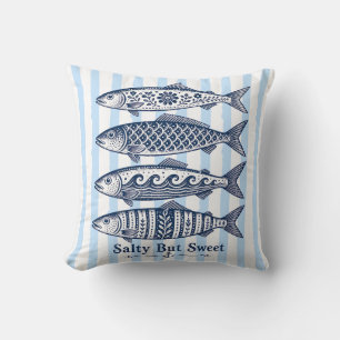Salty But Sweet Blue Stripe Nautical Fish Cushion