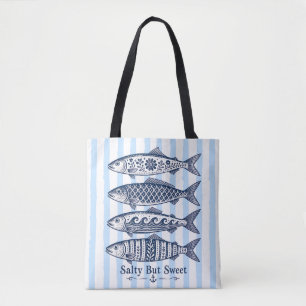 Salty But Sweet Blue Stripe Nautical Fish Tote Bag