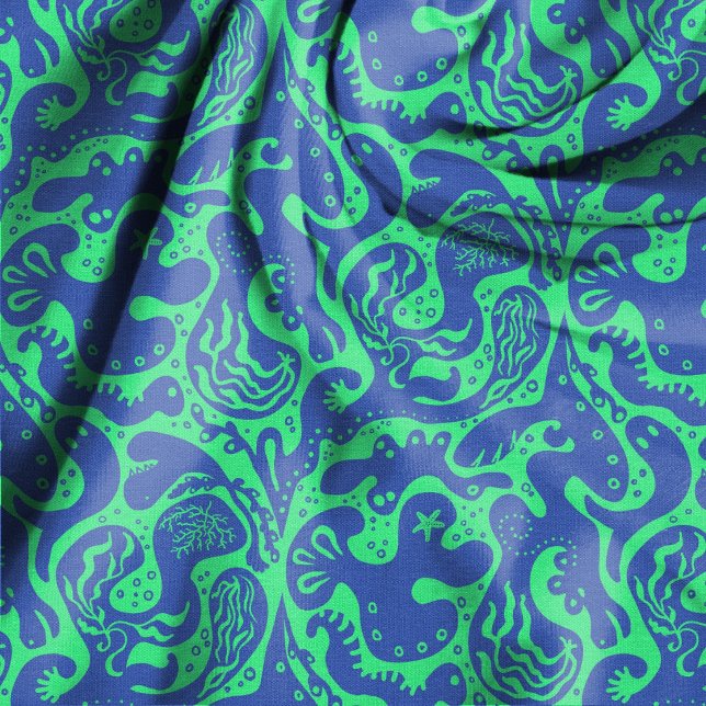 Salty Creatures Blue and Green Seamless Pattern Fabric (Creator Uploaded)