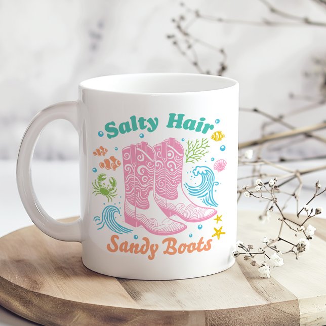 "Salty Hair Sandy Boots" Boho Coastal Cowgirl Coffee Mug ("Salty Hair Sandy Boots" Boho Coastal Cowgirl Coffee Mug on a boho kitchen table with tiny flowers)