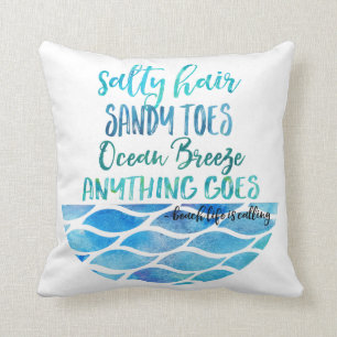 Salty Hair Sandy Toes Ocean Beach Quote Pillow